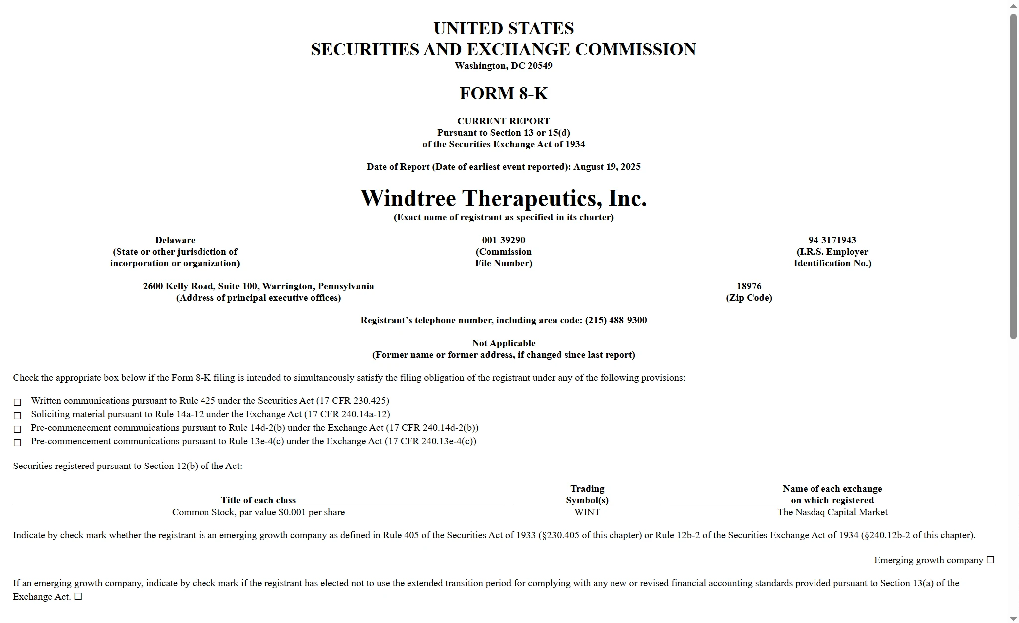 Windtree Therapeutics因未达标遭纳斯达克退市，将转至OTC市场交易